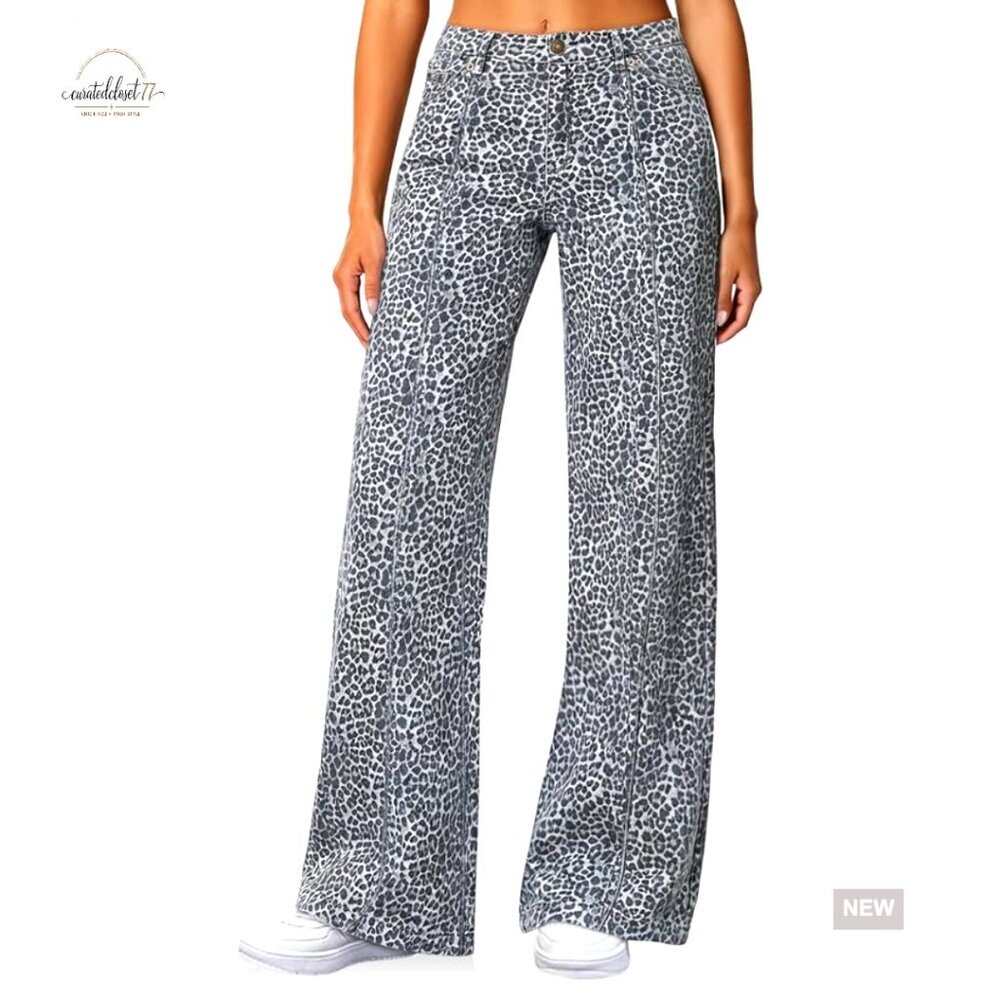 High Waisted Wide Leg Stretch Denim Jeans with Front Seam & Pockets